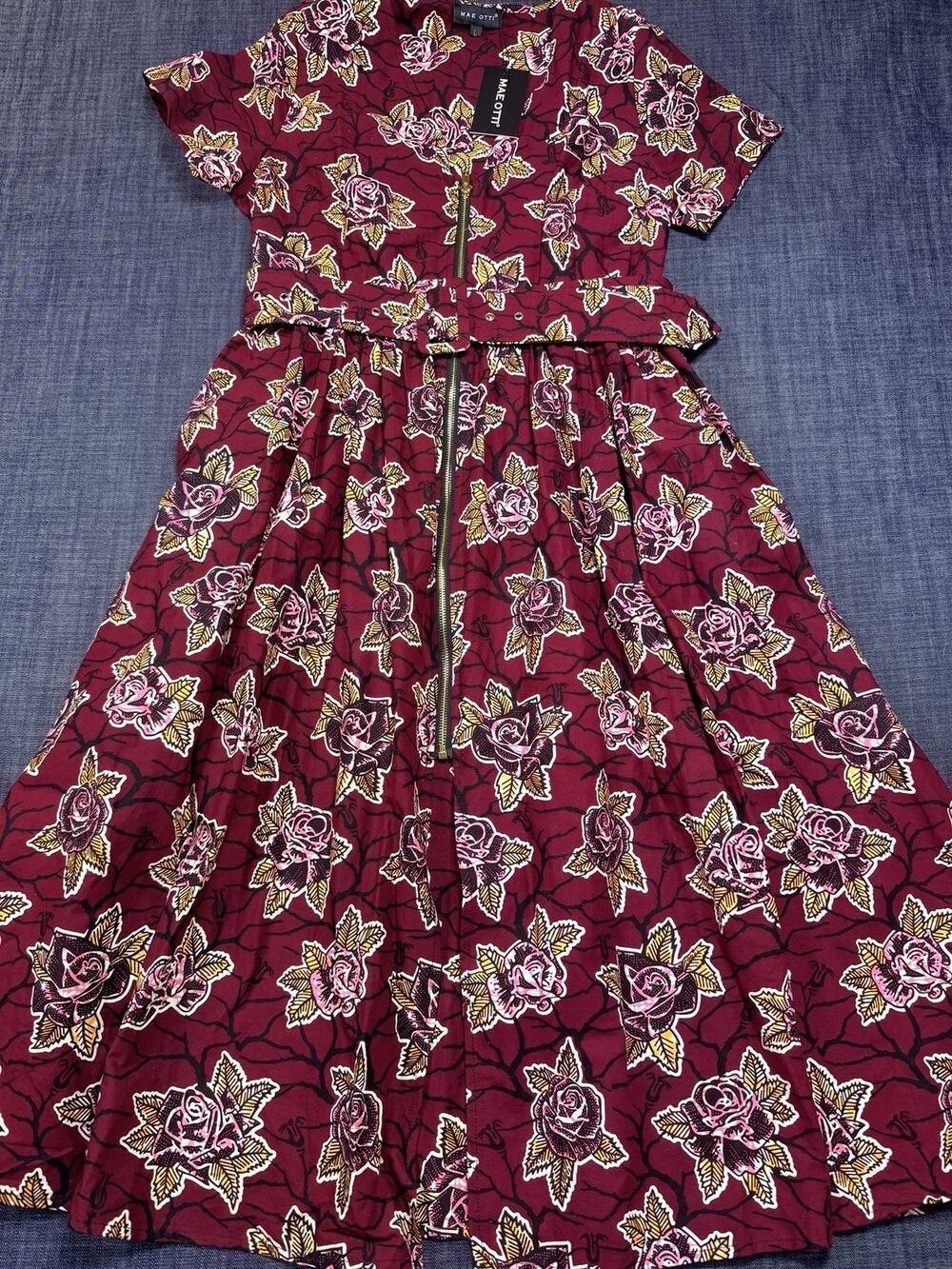 Mae Otti Ankara Wax Print Midi Dress Maroon Rose Cotton Zipper Front Belted Sz L